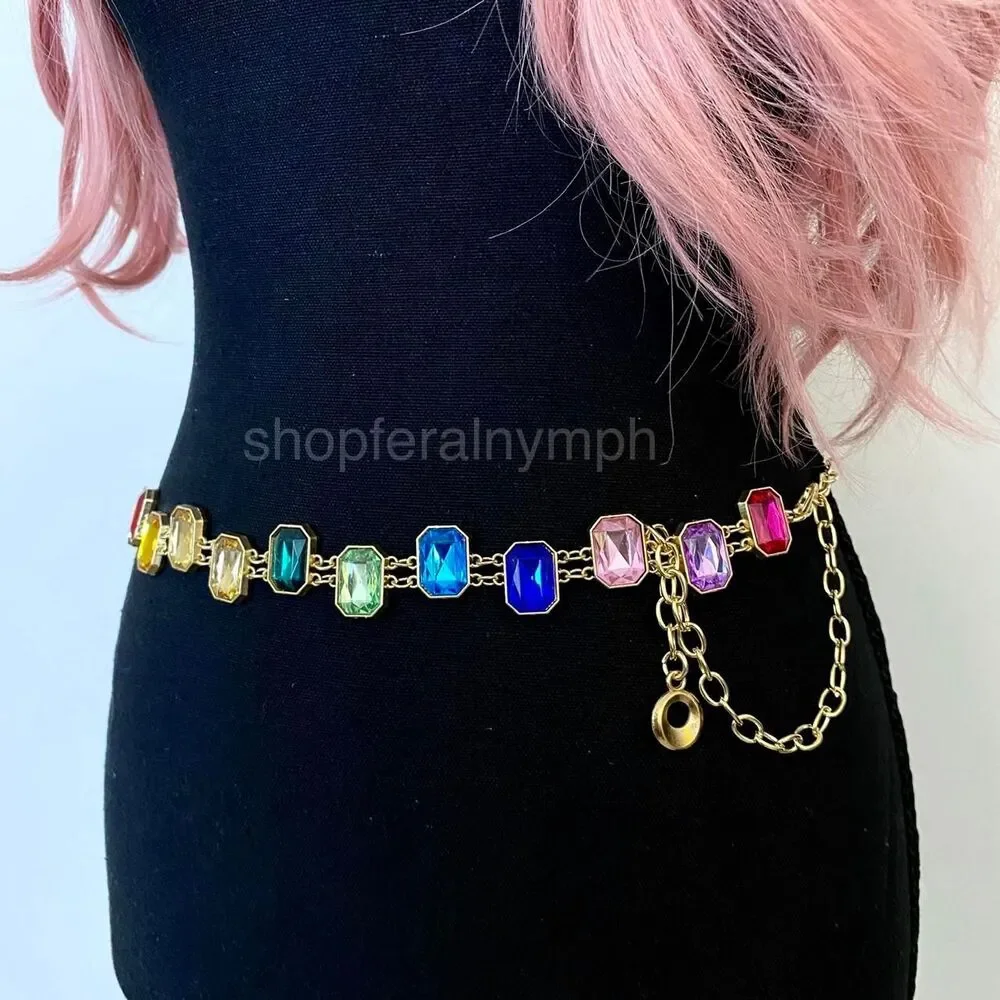 Gold Y2K Rainbow Jewel Waist Chain Belt, Fits 18-37 Inches, X7GA1292